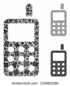 Cell phone mosaic of trembly items in different sizes and color tinges, based on cell phone icon. Vector inequal items are combined into mosaic. Cell phone icons collage with dotted pattern.