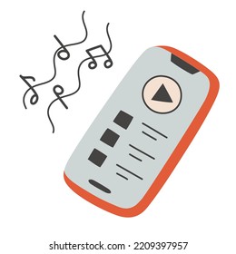 Cell Phone With Music Platform, Doodle Icon Of Playlist In Smartphone, Vector Illustration Of Phone With Music Player, Isolated Colored Clipart On White Background