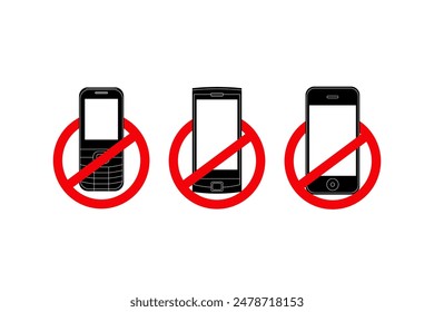 Cell Phone Prohibited Icons. Mobile Not Allowed Silhouette. Isolated Vector Symbols of Mobile Phone Restriction. 