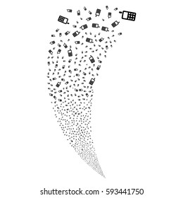 Cell Phone random fireworks stream. Vector illustration style is flat black iconic symbols on a white background. Object fountain created from scattered pictographs.