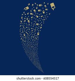 Cell Phone random fireworks stream. Vector illustration style is flat yellow iconic symbols on a blue background. Object fountain constructed from scattered pictographs.