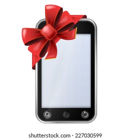 cell phone with red festive bow wrapping vector isolated illustration