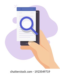 Cell phone review quality control of content vector, expertise text research online on smartphone, digital document file evidence check analysis, article inspect concept, law legal proof info search