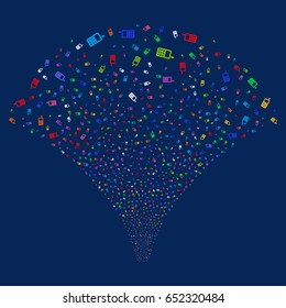 Cell Phone salute stream. Vector illustration style is flat bright multicolored iconic symbols on a blue background. Object explosion fountain created from random design elements.