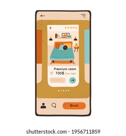 Pantalla de teléfono celular con interfaz de aplicación para la libreta del hotel. El concepto de reserva en línea del alojamiento. Aplicación móvil para alquiler de apartamentos. Ilustración vectorial plana coloreada aislada en fondo blanco