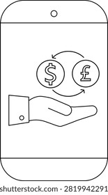 A cell phone screen displays a hand receiving currency exchange between USD and GBP