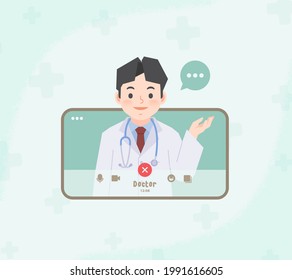 A cell phone see a asian man doctor video call online to contact hospital for consultation and diagnosis from distancing place illustration vector. Health Care Concept.