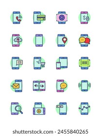 Cell phone services line icon set. Mobile phone notifications, chat messages, wireless payment, cloud data storage. Vector icons for smartphone using, application store, data analytics concept