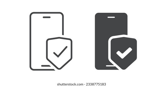 Cell phone shield security verification icon pictogram vector flat graphic, cyber secure protection mobile cellphone smartphone line outline art simple, digital data safety symbol image clipart