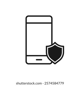 Cell phone shield security verification icon pictogram vector flat graphic, cyber secure protection mobile cellphone smartphone line outline art simple, digital data safety symbol image clipart.