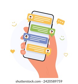 Cell phone with short messages, icons and emoticons. Communicate with friends and send new messages. Colorful speech bubbles on smartphone screen flat design vector illustration, hand holding phone