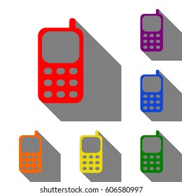 Cell Phone sign. Set of red, orange, yellow, green, blue and violet icons at white background with flat shadow.