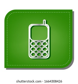 Cell Phone sign. Silver gradient line icon with dark green shadow at ecological patched green leaf. Illustration.