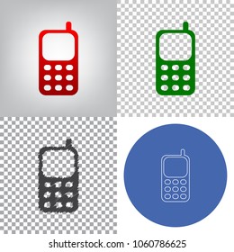 Cell Phone sign. Vector. 4 styles. Red gradient in radial lighted background, green flat and gray scribble icons on transparent and linear one in blue circle.