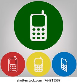 Cell Phone sign. Vector. 4 white styles of icon at 4 colored circles on light gray background.