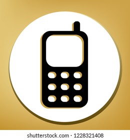 Cell Phone sign. Vector. Black icon with light brown shadow in white circle with shaped ring at golden background.