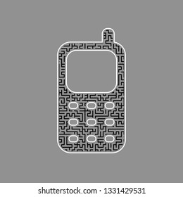 Cell Phone sign. Vector. Black maze filled icon with white border at gray background.