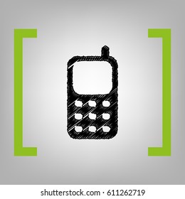 Cell Phone sign. Vector. Black scribble icon in citron brackets on grayish background.