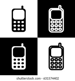 Cell Phone sign. Vector. Black and white icons and line icon on chess board.