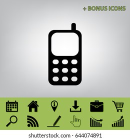 Cell Phone sign. Vector. Black icon at gray background with bonus icons at celery ones