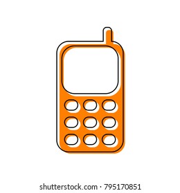 Cell Phone sign. Vector. Black line icon with shifted flat orange filled icon on white background. Isolated.