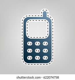 Cell Phone sign. Vector. Blue icon with outline for cutting out at gray background.