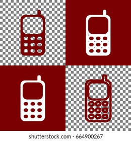 Cell Phone sign. Vector. Bordo and white icons and line icons on chess board with transparent background.