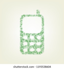 Cell Phone sign. Vector. Green hexagon rastered icon and noised opacity and size at light green background with central light.