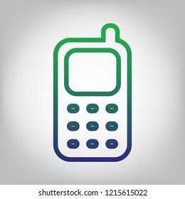Cell Phone sign. Vector. Green to blue gradient contour icon at grayish background with light in center.