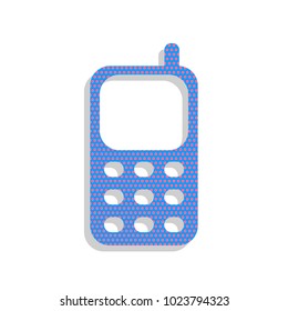Cell Phone sign. Vector. Neon blue icon with cyclamen polka dots pattern with light gray shadow on white background. Isolated.