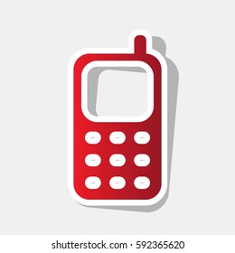 Cell Phone sign. Vector. New year reddish icon with outside stroke and gray shadow on light gray background.