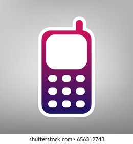 Cell Phone sign. Vector. Purple gradient icon on white paper at gray background.