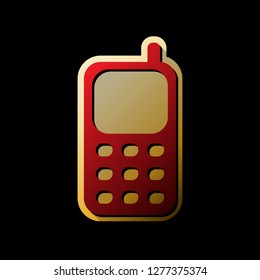 Cell Phone sign. Vector. Red icon with small black and limitless shadows at golden sticker on black background.