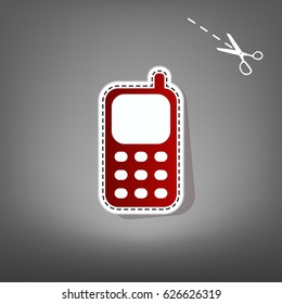 Cell Phone sign. Vector. Red icon with for applique from paper with shadow on gray background with scissors.