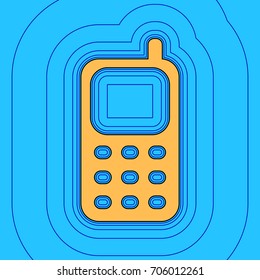 Cell Phone sign. Vector. Sand color icon with black contour and equidistant blue contours like field at sky blue background. Like waves on map - island in ocean or sea.
