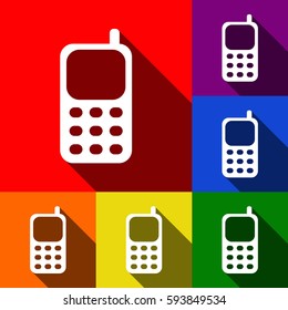 Cell Phone sign. Vector. Set of icons with flat shadows at red, orange, yellow, green, blue and violet background.