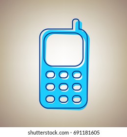 Cell Phone sign. Vector. Sky blue icon with defected blue contour on beige background.