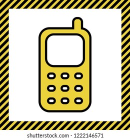 Cell Phone sign. Vector. Warm yellow icon with black contour in frame named as under construction at white background. Isolated.