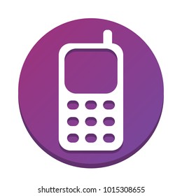 Cell Phone sign. Vector. White icon with flat shadow on purpureus circle at white background. Isolated.