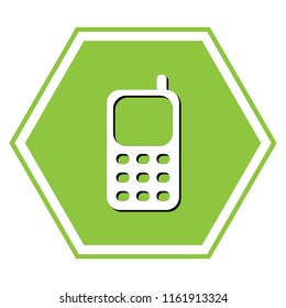 Cell Phone sign. Vector. White icon with black shadow at yellow green honeycomb on white background.