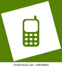 Cell Phone sign. Vector. White icon obtained as a result of subtraction rotated square and path. Avocado background.