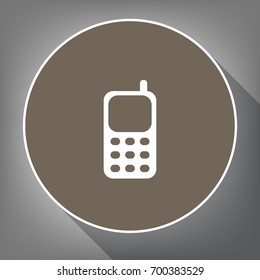 Cell Phone sign. Vector. White icon on brown circle with white contour and long shadow at gray background. Like top view on postament.