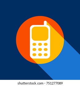 Cell Phone sign. Vector. White icon on tangelo circle with infinite shadow of light at cool black background. Selective yellow and bright navy blue are produced.