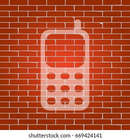 Cell Phone sign. Vector. Whitish icon on brick wall as background.
