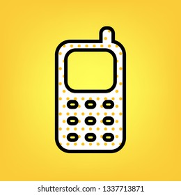 Cell Phone sign. Vector. Yellow polka dot white icon with black contour at warm yellow background.