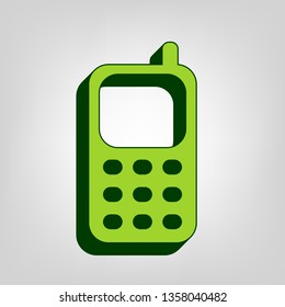 Cell Phone sign. Vector. Yellow green solid icon with dark green external body at light colored background.