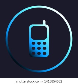 Cell Phone sign. White, cyan and blue gradient icon as round button in white shell at dark blue background. Illustration.