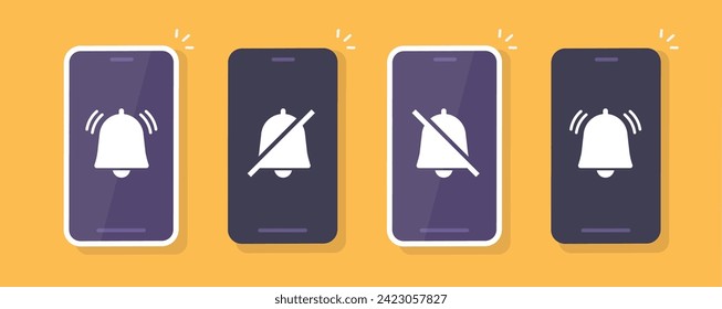 El modo silencioso del teléfono celular apaga el conjunto de ilustraciones gráficas del icono vector, interruptor de sonido de voz del anillo del teléfono móvil del smartphone, aviso de alarma en el cliente de imágenes del símbolo del teléfono móvil