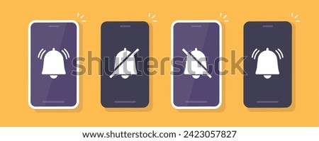 Cell phone silent mode turn on off vector icon graphic illustration set, smartphone cellphone ring voice sound switch, alarm loud notice on mobile cellular telephone symbol image clipart