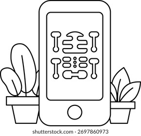 A cell phone with a skeleton on it is sitting next to a potted plant. The skeleton is on the screen of the phone and the plant is in the background